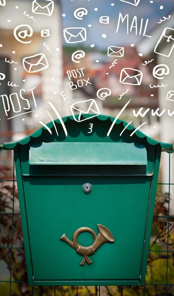 Postbox with white hand drawn mail icons — Stock Photo, Image