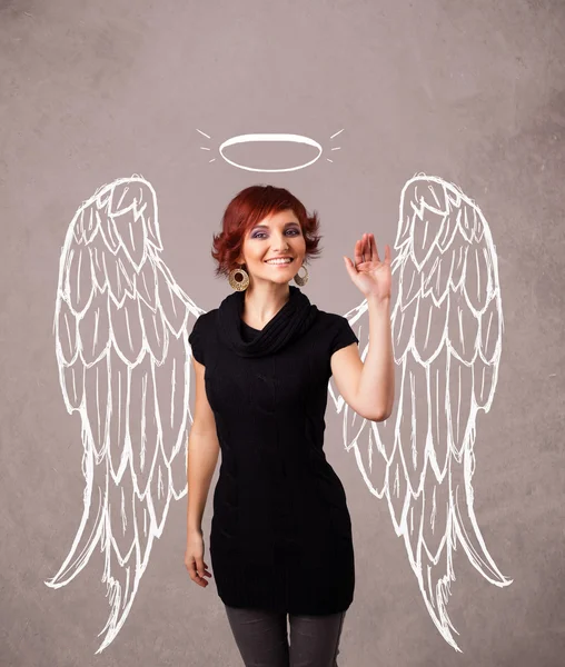 Roztomilé dívka s andělem ilustrované křídla — Stock fotografie