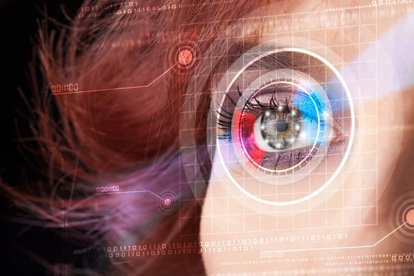 Cyber woman with technolgy eye looking — Stock Photo, Image