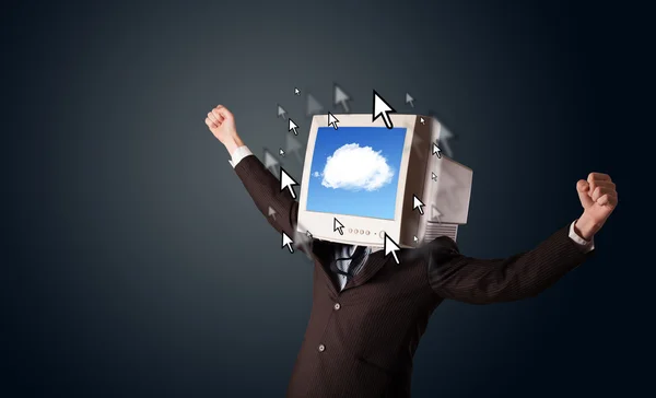 Iş adamı, kafasında bir monitör ile sistem ve pointe bulut — Stok fotoğraf