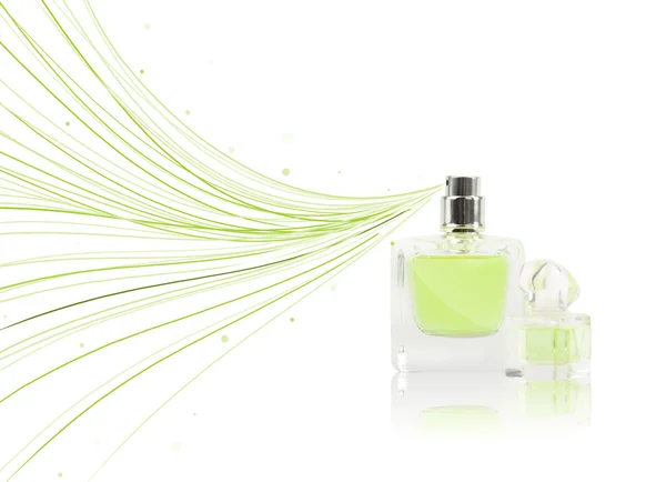 Parfum fles spuiten kleurrijke lijnen — Stockfoto