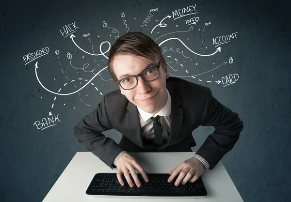 Young hacker with white drawn line thoughts — Stock Photo, Image