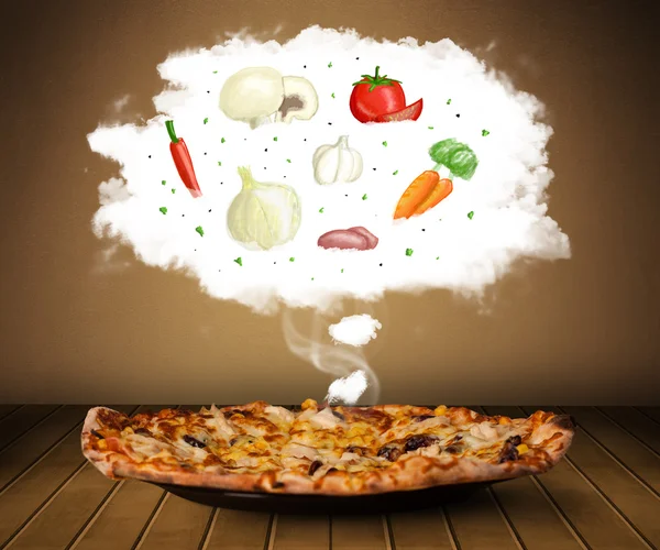 Pizza with vegetable ingredients illustration in cloud — Stock Photo, Image