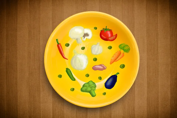 Красочная тарелка с иконками, символами, овощами и фр. — стоковое фото