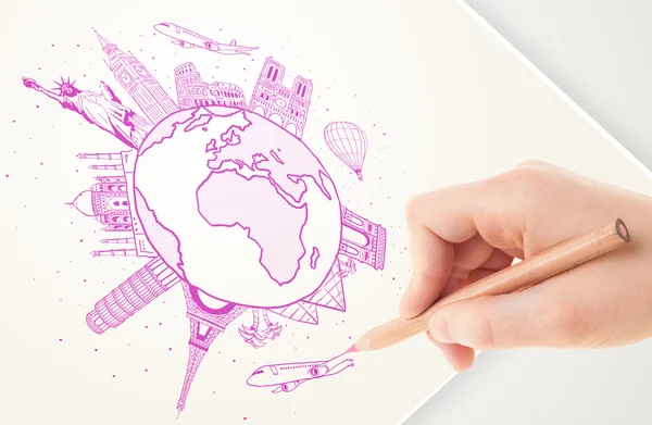 Hand drawing vacation trip around the earth with landmarks and c — Stock Photo, Image