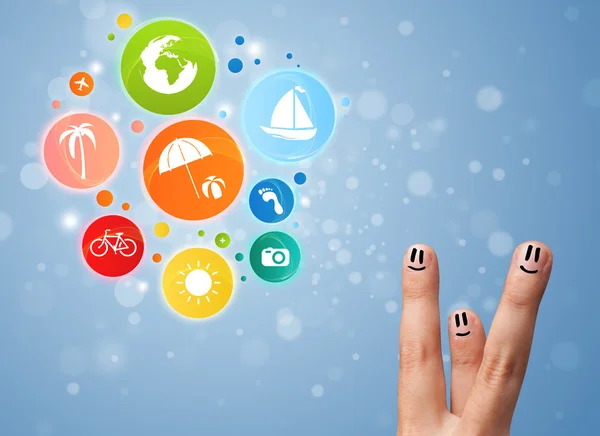 Veselá prst smajlíky s barevné prázdninové cestování bublina ikonu — Stock fotografie