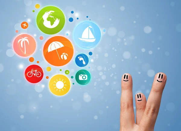 Cheerful finger smileys with colorful holiday travel bubble icon — Stock Photo, Image