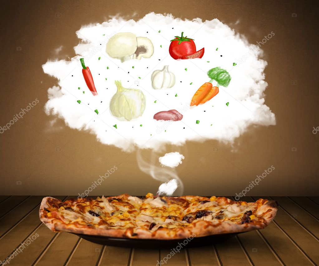 Pizza with vegetable ingredients illustration in cloud