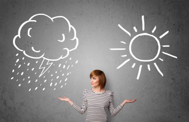 bir güneş ve yağmur çizme arasında duran kadın