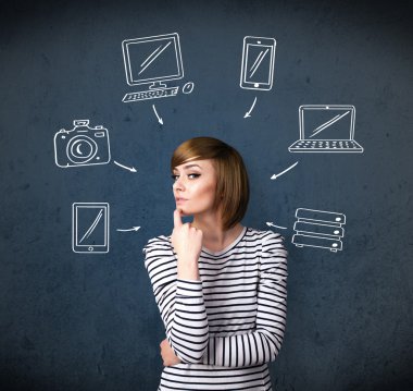 Young woman thinking with drawn gadgets around her head clipart