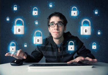 sanal kilit simgeleri ve simge ile genç hacker
