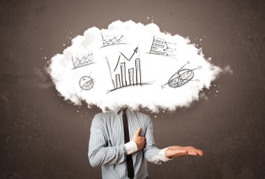 Zarif iş adamı, el çizimi grafiklerle bulut kafa.