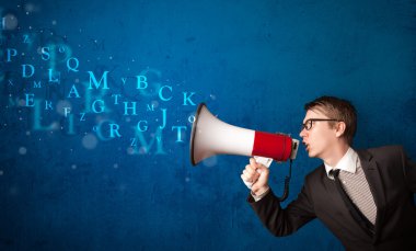 Man in shirt shouting into megaphone and text come out clipart