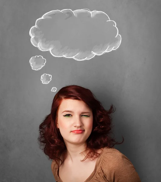 Gondolkodó nő felhő a feje fölé — Stock Fotó