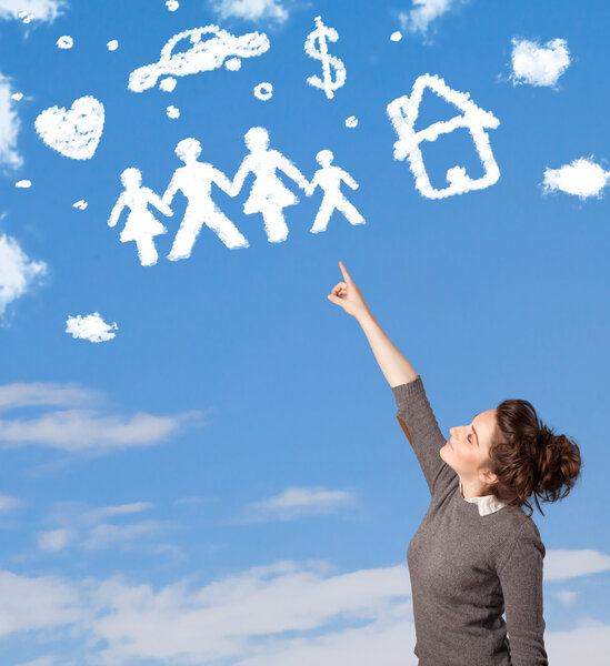 Young girl daydreaming with family and household clouds