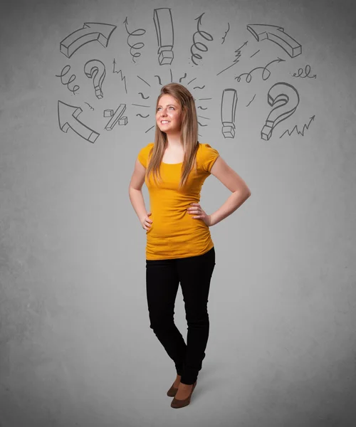 Cute young girl with question sign doodles — Stock Photo, Image