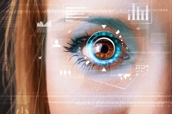 Future woman with cyber technology eye panel concept