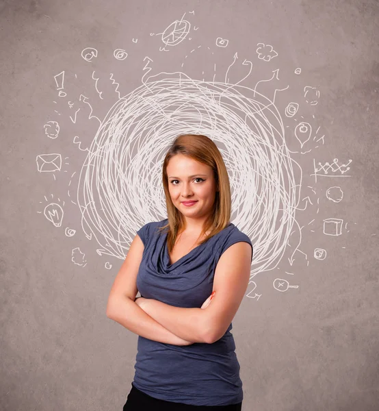 Jolie jeune fille avec des lignes de gribouillage circulaire abstraites et des icônes — Photo