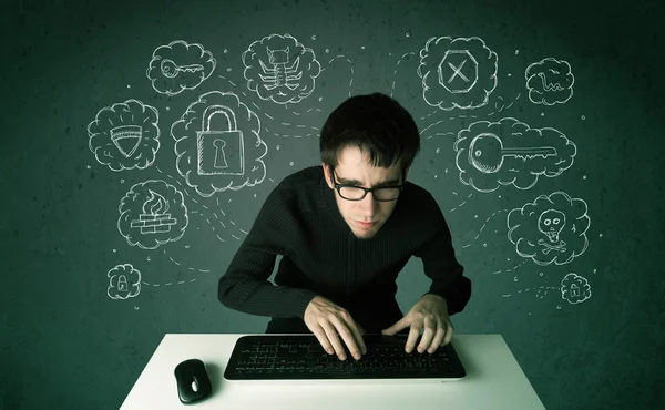 Junger Nerd-Hacker mit Viren und Hackergedanken — Stockfoto