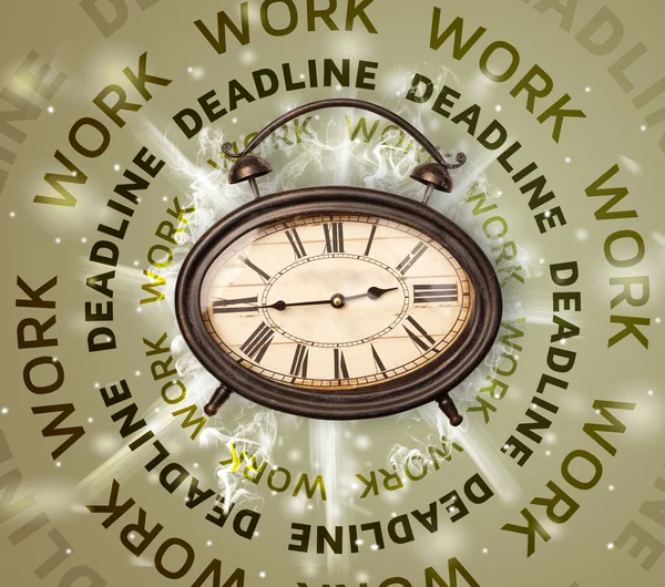 Relógios com trabalho e prazo redonda escrita — Fotografia de Stock