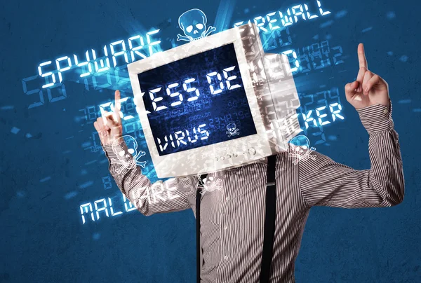 Monitor head person with hacker type of signs on the screen — Stock Photo, Image