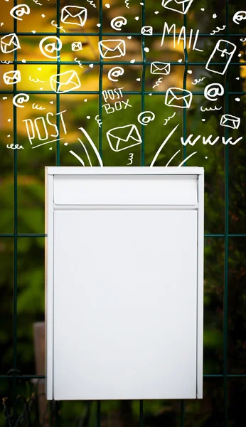 Postbox with white hand drawn mail icons — Stock Photo, Image