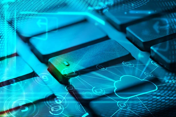 Keyboard with glowing cloud technology icons — Stock Photo, Image