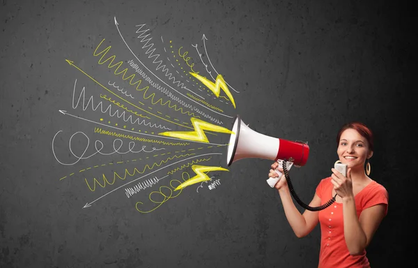 Cute girl shouting into megaphone with hand drawn lines and arro — Stock Photo, Image