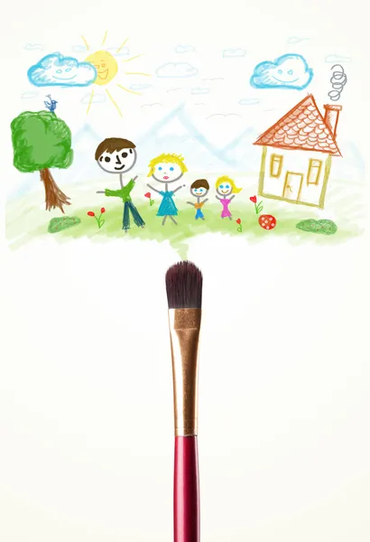 Brush close-up with a drawing of a family — Stock Photo, Image