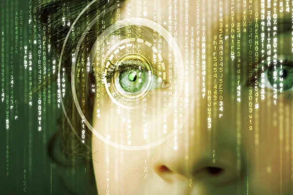 现代数码女人与矩阵眼睛 — 图库照片