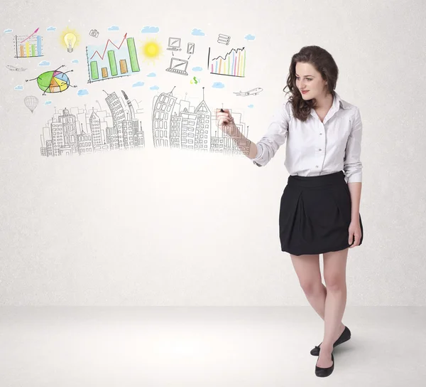 Cute woman sketching city and graph icons — Stock Photo, Image