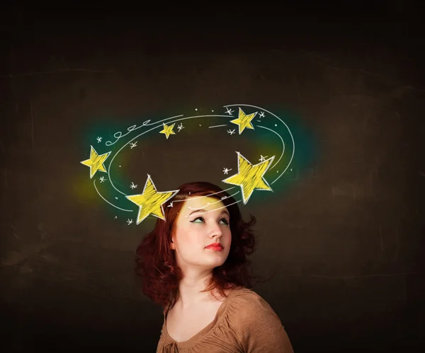 Girl with yellow stars circleing around her head illustration — Stock Photo, Image