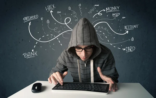 Young hacker with white drawn line thoughts Royalty Free Stock Photos