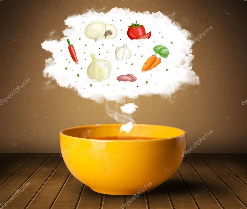 Bowl soup with vegetable ingredients illustration in cloud