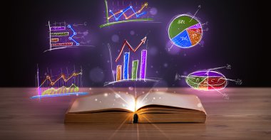 Parlak grafik çizimleriyle ahşap güvertede kitap