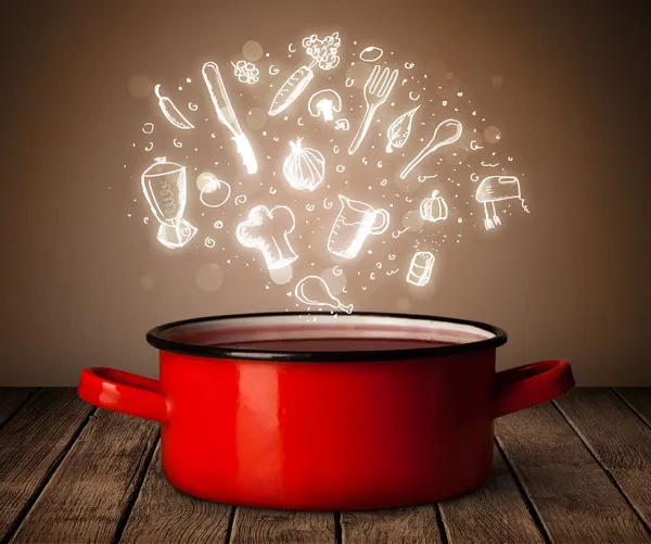 Cooking icons coming out from cooking pot — Stock Photo, Image