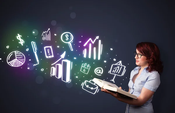 Young lady reading a book with business icons — Stock Photo, Image