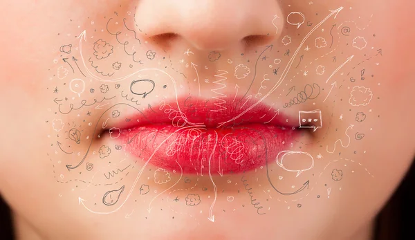 Pretty woman mouth blowing hand drawn icons and symbols — Stock Photo, Image