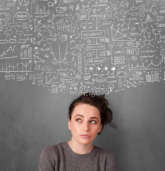 Young woman gesturing with sketched charts above her head — Stock Photo, Image