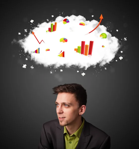 Geschäftsmann gestikuliert mit Cloud und Charts-Konzept — Stockfoto
