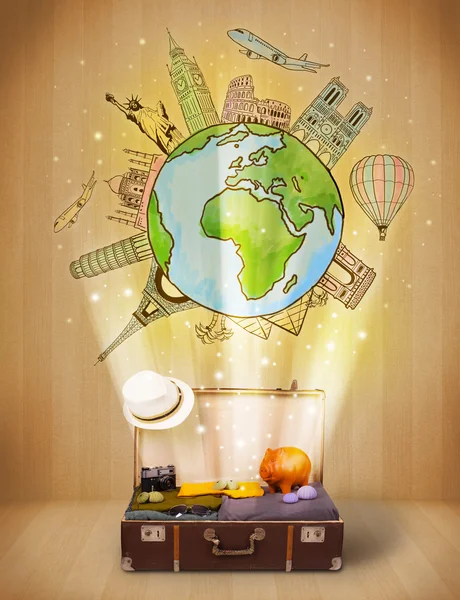 Luggage with travel around the world illustration concept — Stock Photo, Image