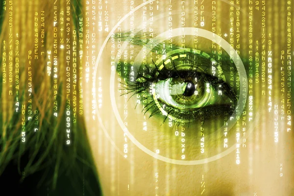 Moderne cyber vrouw met matrix oog — Stockfoto