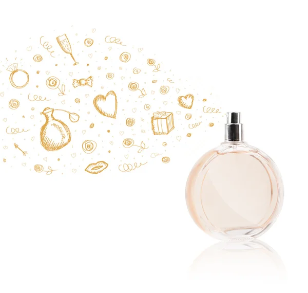 Sketches coming out from beautiful perfume bottle — Stock Photo, Image