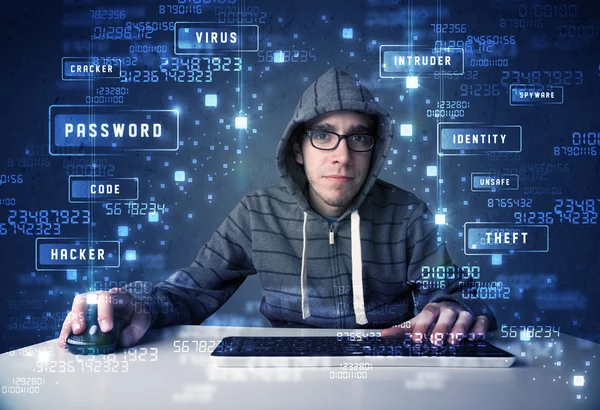 Hacker programing in technology enviroment with cyber icons — Stock Photo, Image