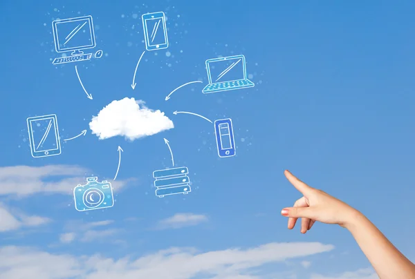 Hand aiming at cloud computing concept on blue sky — Stock Photo, Image