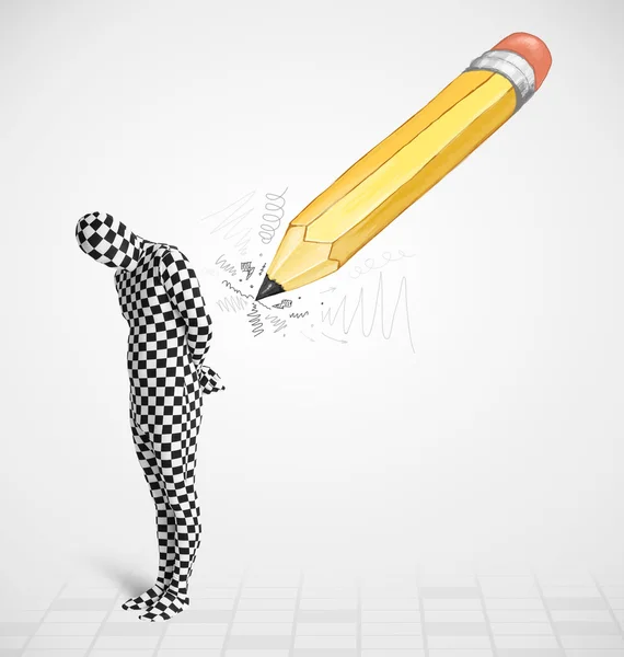 Guy in body mask with a big hand drawn pencil — Stock Photo, Image