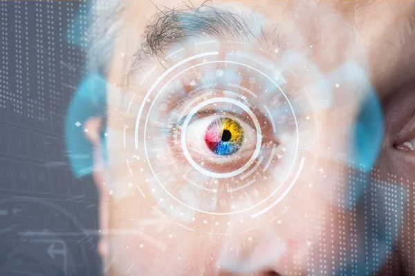 Futuristic modern cyber man with technology screen eye panel — Stock Photo, Image