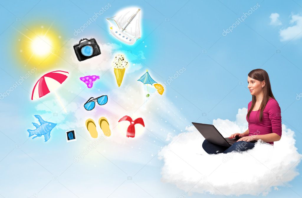 Young businessman sitting in cloud with laptop