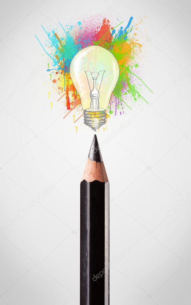 Pencil close-up with colored paint splashes and lightbulb