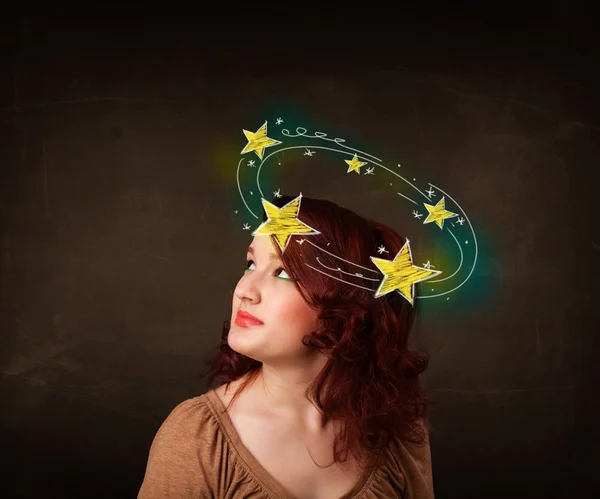 Menina com estrelas amarelas circulando em torno de sua ilustração cabeça — Fotografia de Stock
